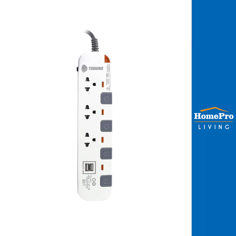 TOSHINO รางปลั๊กไฟ 3 ช่อง 4 สวิตซ์ 2 USB  P3375USB WG 3 ม.