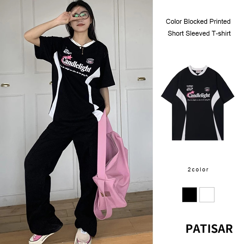 แฟชั่นอินเทรนด์เสื้อยืดสีบล็อกพิมพ์เสื้อยืดแขนสั้นผู้หญิงหลวมเสื้ออเนกประสงค์ PR