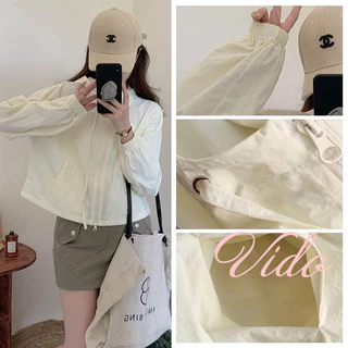 M-XL แจ็คเก็ตสั้นผู้หญิง สีทึบ ดีไซน์หรู เนื้อบางเบา ดรอว์สตริง ปรับเอวได้ ใส่ได้ทุกวัน กันลม ราคาถูก VIDO