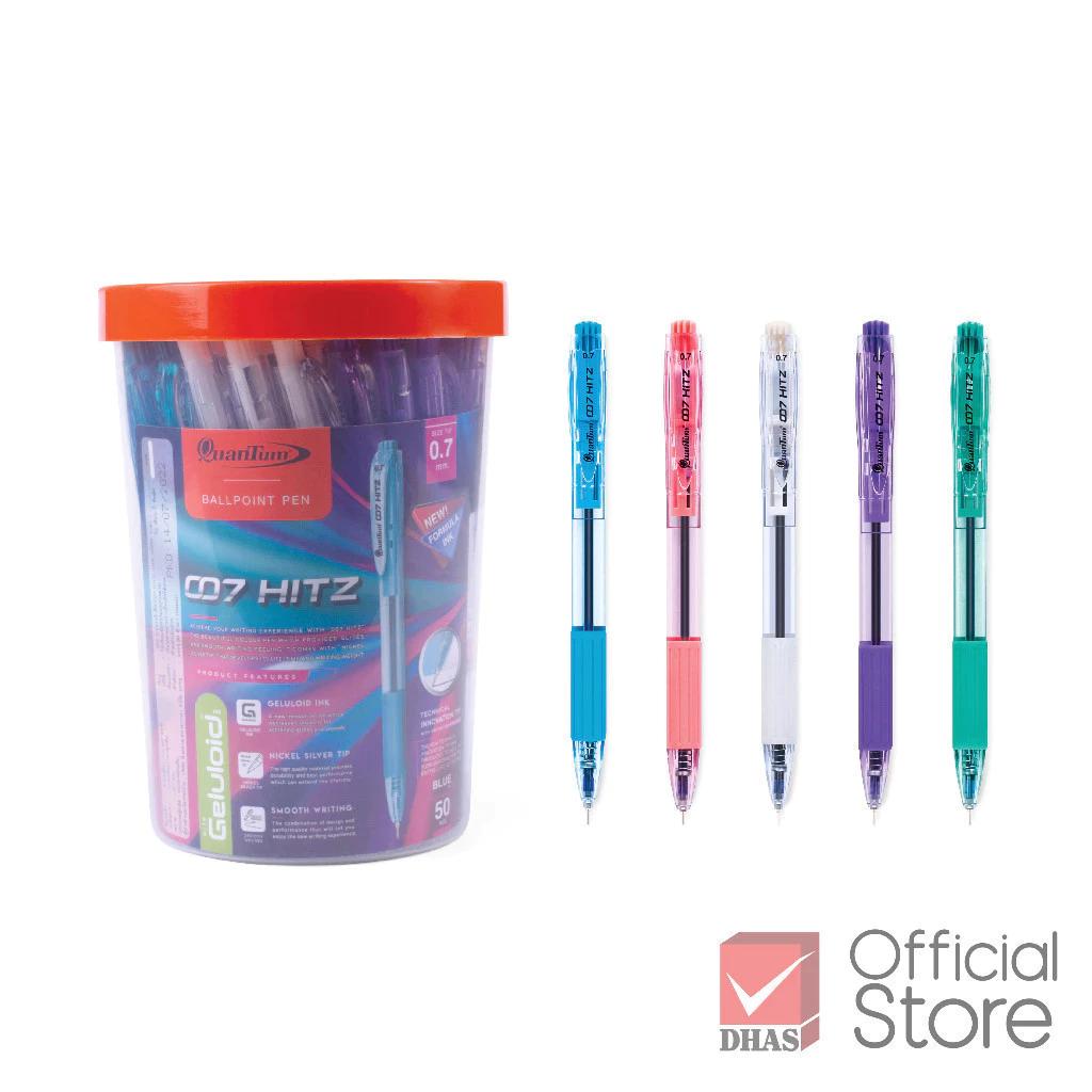 Quantum ปากกาลูกลื่น รุ่น 007 Hitz 0.7 มม. หมึกน้ำเงิน (Low Viscosity) - กระปุก 50 ด้าม