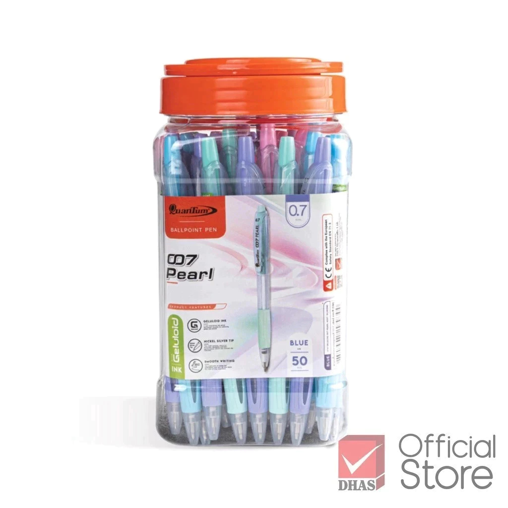 Quantum ปากกาลูกลื่น รุ่น 007 Pearl (เพิลล์) 0.7 มม. หมึก Geluloid น้ำเงิน - กระปุก 50 ด้าม