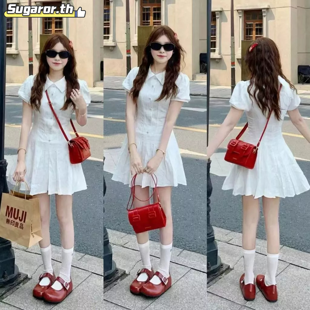 ชุดเดรสแขนสั้นสไตล์สีขาว2025ชุดเดรสสั้นฤดูร้อนสำหรับผู้หญิงใหม่ Sugaror.th