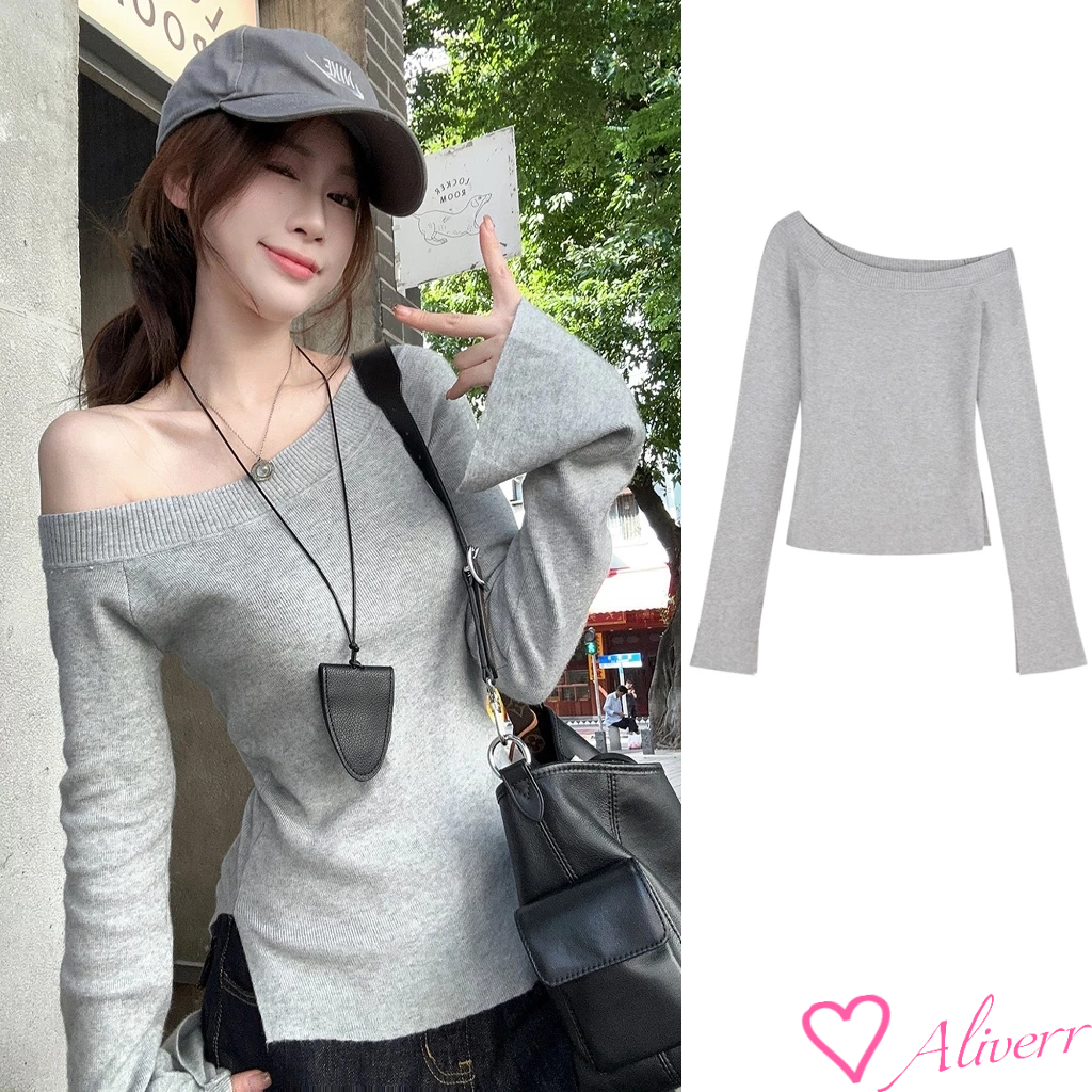 เสื้อยืดแขนยาวเปิดไหล่/ปิดไหล่ดีไซน์ สาวฮอต ซอกแยกด้านบน สลิมฟิต บอททอม