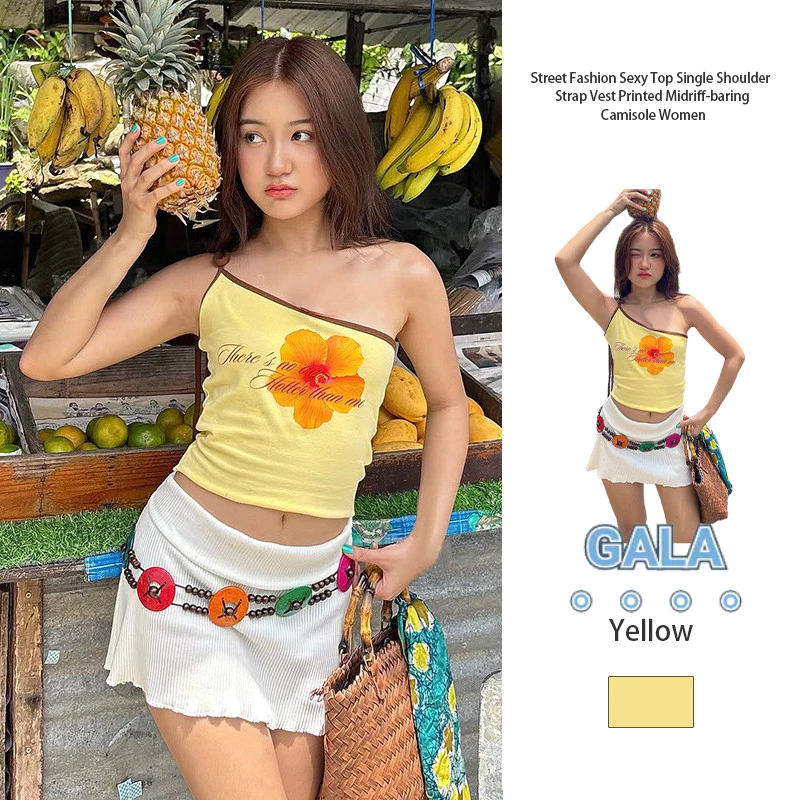 Street x Fashion เสื้อกล้ามสายเดี่ยวเซ็กซี่เปิดไหล่ พิมพ์ลายเสื้อกล้ามเปิดหน้าท้องสำหรับผู้หญิง GA
