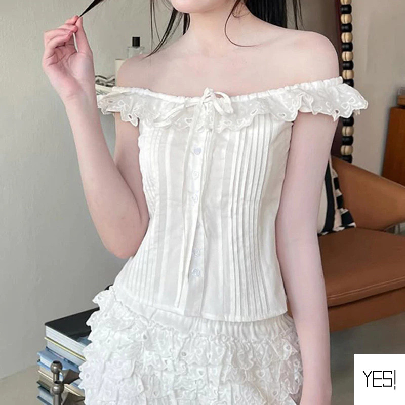 เสื้อยืดคอกลมสีขาวเข้ารูปพอดีตัวสไตล์ฝรั่งเศสสำหรับเด็กผู้หญิง YES