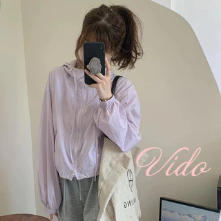 M-XL แจ็คเก็ตสั้นผู้หญิง สีทึบ ดีไซน์หรู เนื้อบางเบา ดรอว์สตริง ปรับเอวได้ ใส่ได้ทุกวัน กันลม ราคาถูก VIDO