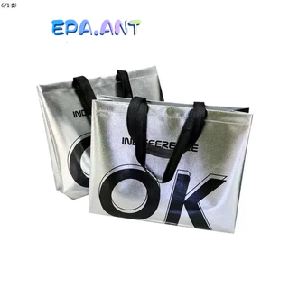 ถูกดี ถุงผ้าสปันบอน เคลือบสีเงิน พิมพ์คำOK แข็งแรง รับน้ำหนักได้
