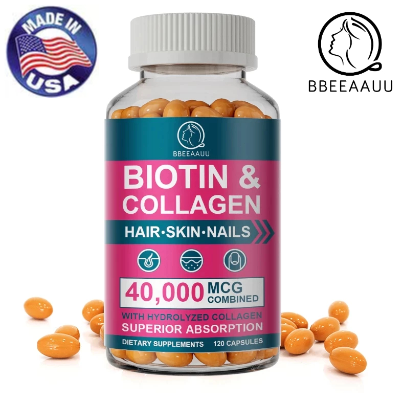 BBEEAUU Biotin & Collagen - 40,000mcg 120 PCS, วิตามินผิว, ไบโอติน, คอลลาเจน, ต่อต้านริ้วรอย, ผม, ผิ