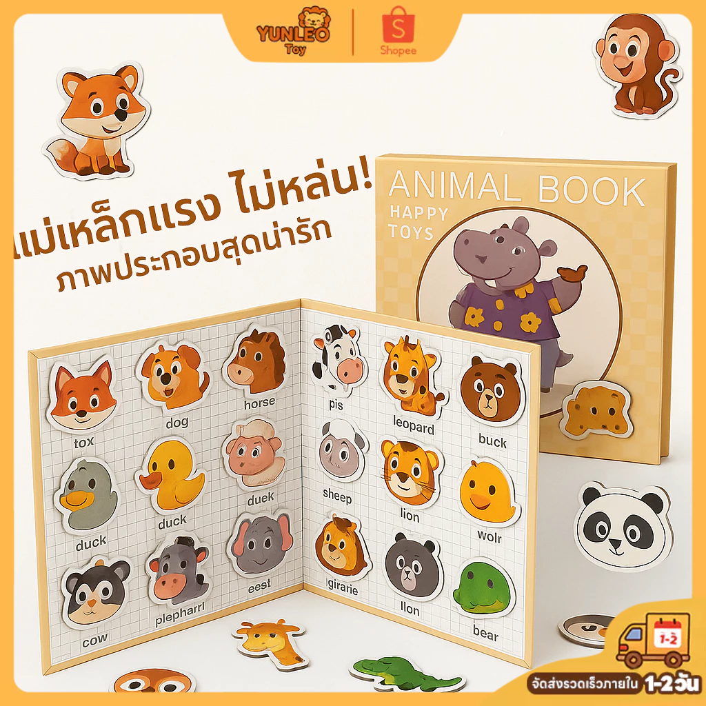 สินค้าแม่เหล็กหนังสือจิ๊กซอว์ ของเล่นเด็กเสริมพัฒนาการ สื่อการสอนเด็กเล็ก Montessori จิ๊กซอว์ต่อภาพเรียนรู้สัตว์ผลไม้
