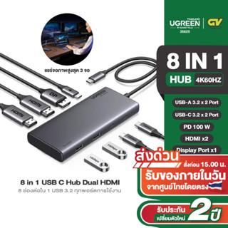 UGREEN รุ่น CM639 USB Hub Type C 8in1 4K60hZ Hdmi x2  DP, VG…