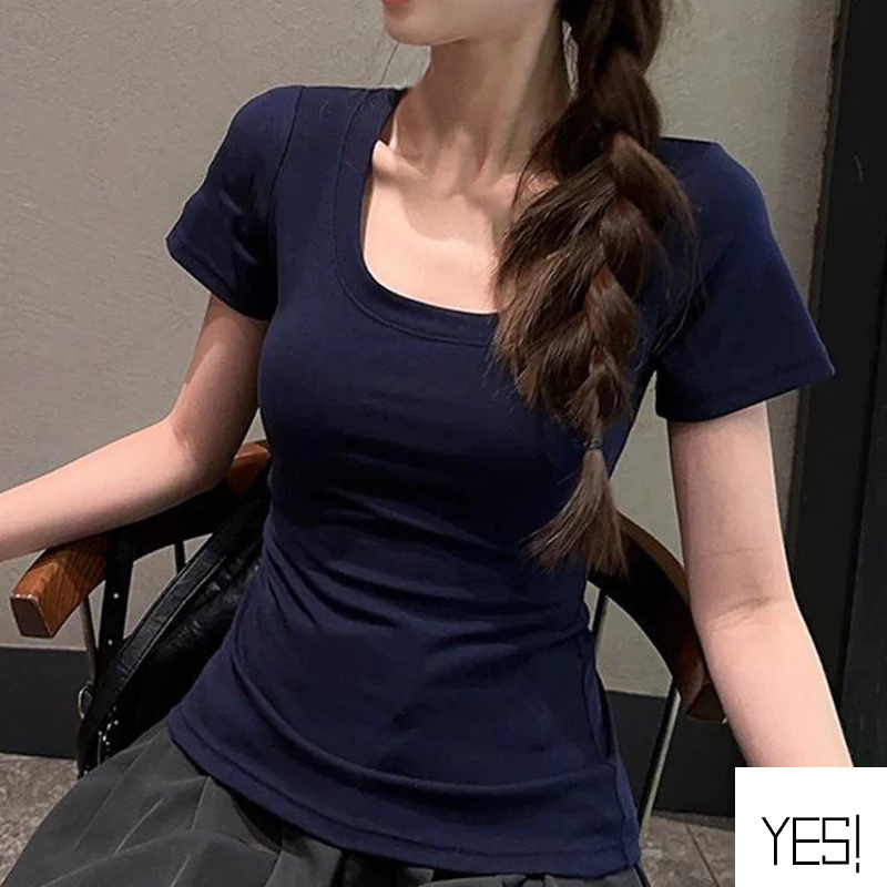 เสื้อยืดคอกลมแขนสั้นผู้หญิงเข้ารูปสีพื้นเรียบง่ายYES