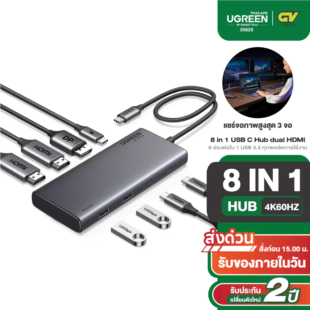 UGREEN รุ่น CM639 USB Hub Type C 8in1 4K60hZ Hdmi x2  DP, VGA x1 PD100w USB3.2 ทุก port โอนถ่ายข้อมูล 10Gbps
