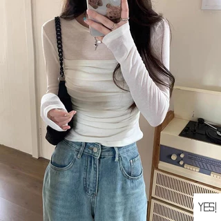 เสื้อยืดแขนยาวผ้ากอซผู้หญิงจีบทรงสลิมฟิตเสื้อบอททอมออกแบบความรู้สึกสั้นด้านบน YES