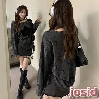 เสื้อยืดแขนยาว Drawstring หลวมสาวร้อนเสื้อยืดปิดไหล่ Hollow-out อินเทรนด์ยอดนิยม JD