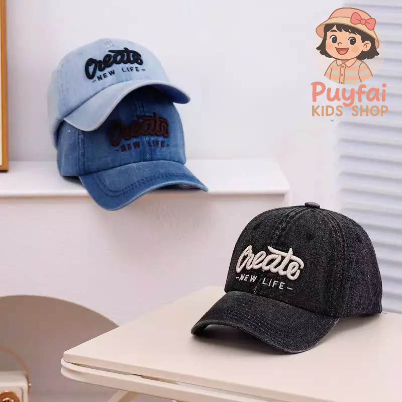 (ส่งด่วน) หมวกเด็ก 2-8 ปี รอบหัว:52-54 cm. หมวกแก๊ปผ้ายีนส์ ฟอกเฟด ปักอักษร Create NEW LIFE หมวกลายอักษร มี 4 สีให้เลือก - รูปที่ 2