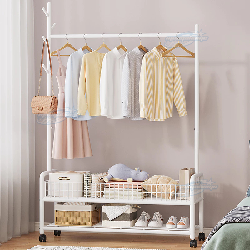 ราวแขวนผ้า ราวตากผ้า  พร้อมเสาเเขวนหมวก+ตะกร้ากระเป๋า ที่แขวนผ้า พร้อมชั้นวางของด้านล่าง มีล้อเลื่อน