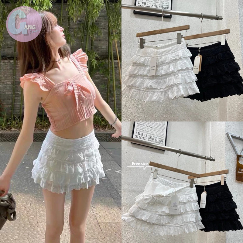 Gang_janes#2315(พร้อมส่ง 📌)(งานสวยการันตียอดขาย2.2K 📌)กระโปรง ลูกไม้ระบาย4 ชั้น ซิปข้าง มี 2สี ขาว ดำ