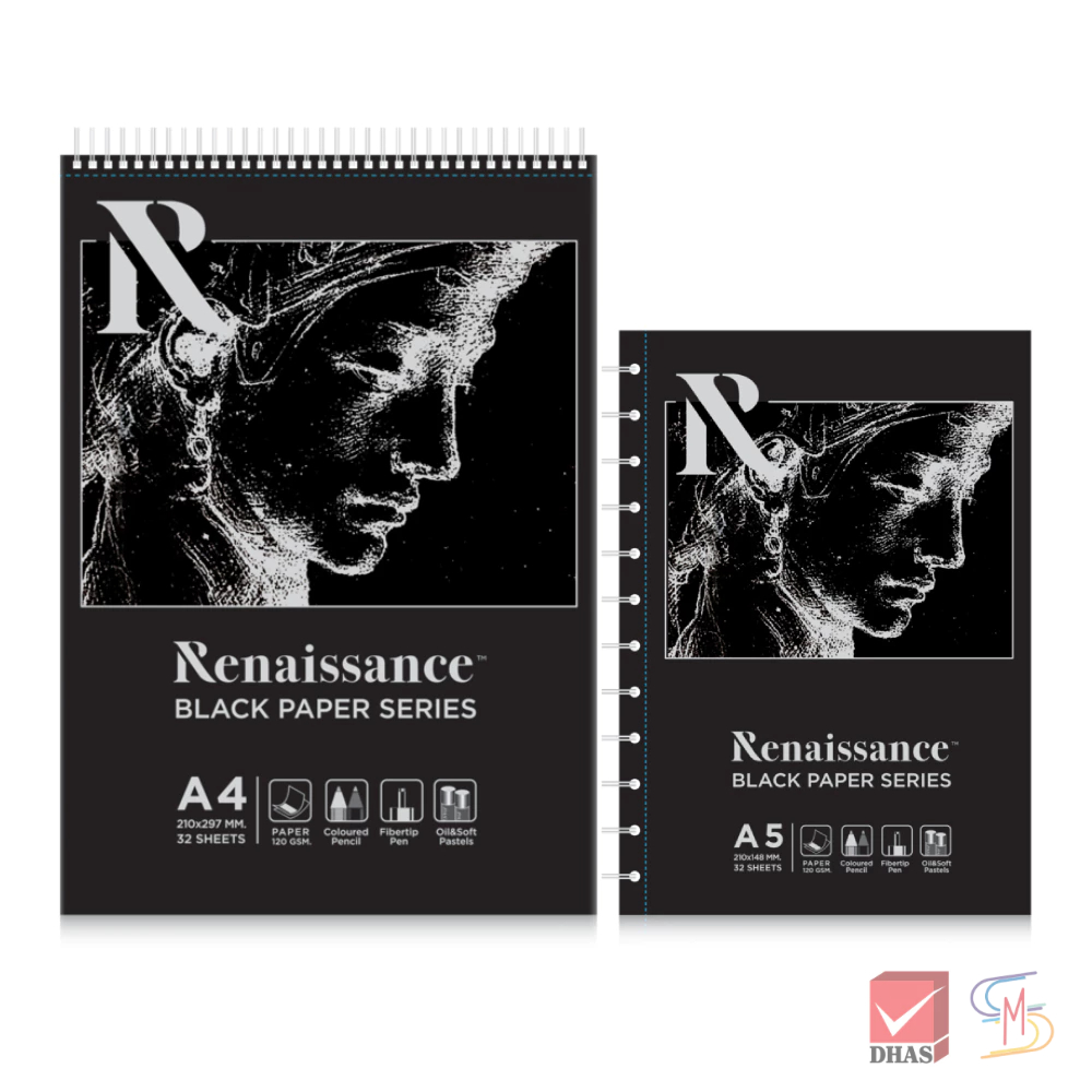 Renaissance สมุดริมลวด สมุดกระดาษดำ A5 และ A4 จำนวน 1 เล่ม