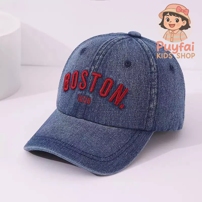 (ส่งด่วน) หมวกเด็กอายุ 2-8 ปี รอบหัว 52-54 ซม. หมวกแก๊ปผ้ายีนส์ ลายฟอกเฟด ปักด้วยอักษร BOSTON 1630 หมวกเบสบอล มี 4 สี