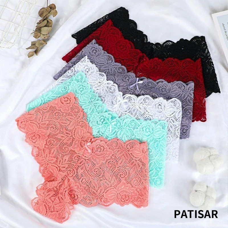 patisar กางเกงชั้นใน เอวสูง แต่งลูกไม้ สีพื้น ยอดนิยม สําหรับผู้หญิง กางเกงชั้นในลูกไม้ฟรีไซส์ บิกินี่ลูกไม้ PR
