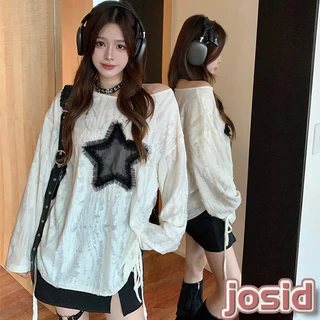 เสื้อยืดแขนยาว Drawstring หลวมสาวร้อนเสื้อยืดปิดไหล่ Hollow-out อินเทรนด์ยอดนิยม JD