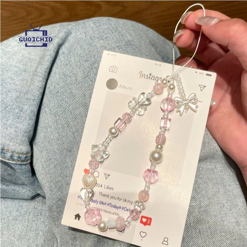 Y2k เกาหลีAnti-Lostสีชมพู ผีเสื้อ ดอกไม้ โซ่โทรศัพท์ อินเทรนด์ จี้ สําหรับ Phone  อุปกรณ์เสริมสากล น่ารัก เชือกแขวนโทรศั