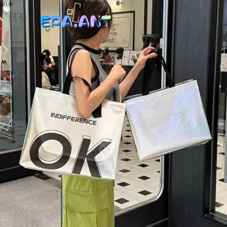 ถูกดี ถุงผ้าสปันบอน เคลือบสีเงิน พิมพ์คำOK แข็งแรง รับน้ำหนักได้
