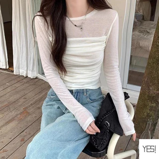 เสื้อยืดแขนยาวผ้ากอซผู้หญิงจีบทรงสลิมฟิตเสื้อบอททอมออกแบบความรู้สึกสั้นด้านบน YES
