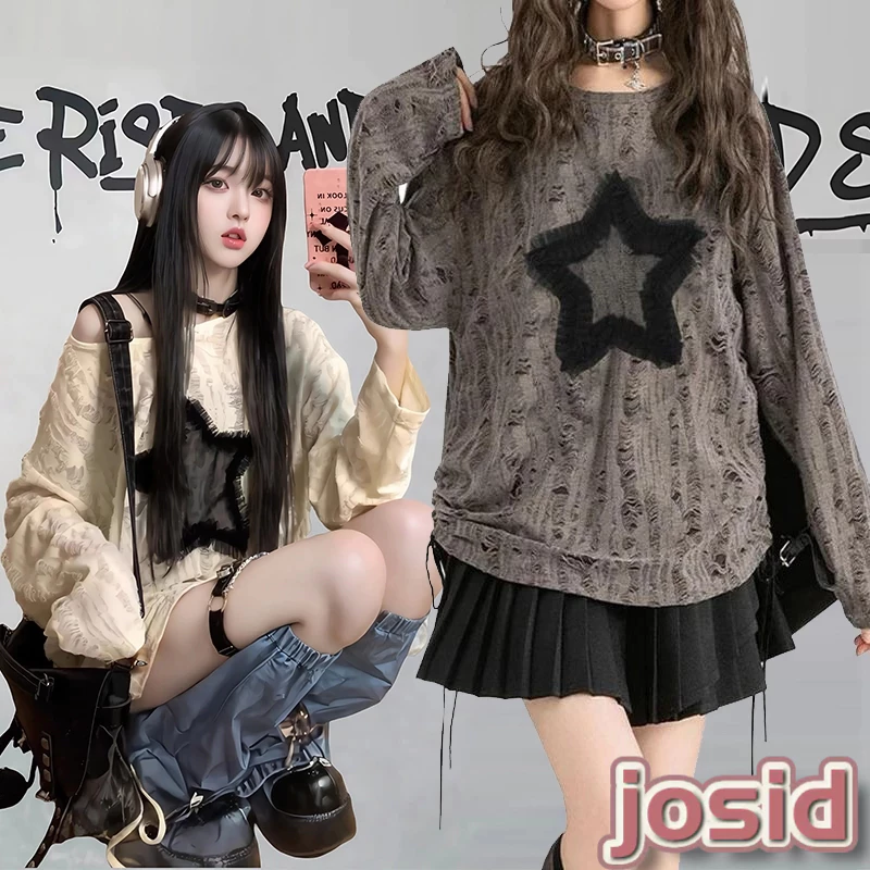 เสื้อยืดแขนยาว Drawstring หลวมสาวร้อนเสื้อยืดปิดไหล่ Hollow-out อินเทรนด์ยอดนิยม JD