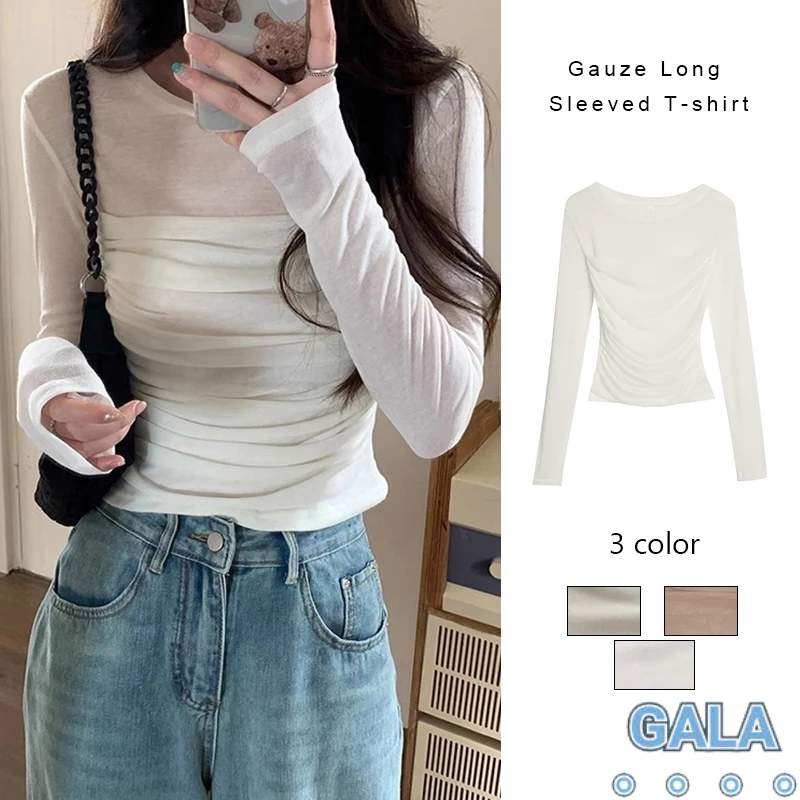 🌟พร้อมส่ง🛒 เสื้อยืดแขนยาวผ้ากอซผู้หญิงจีบทรงสลิมฟิตเสื้อบอททอมออกแบบความรู้สึกสั้นด้านบน GA