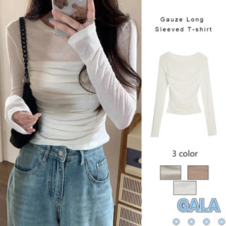 🌟พร้อมส่ง🛒 เสื้อยืดแขนยาวผ้ากอซผู้หญิงจีบทรงสลิมฟิตเสื้อบอทท…