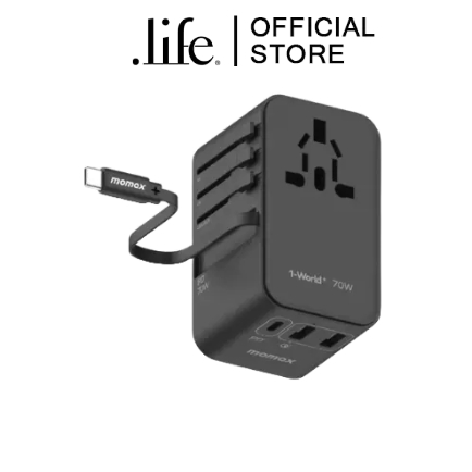 MOMAX หัวชาร์จ Momax 1-World+ GaN 70W พร้อมสาย USB-C ในตัว (3 พอร์ต) by Dotlife