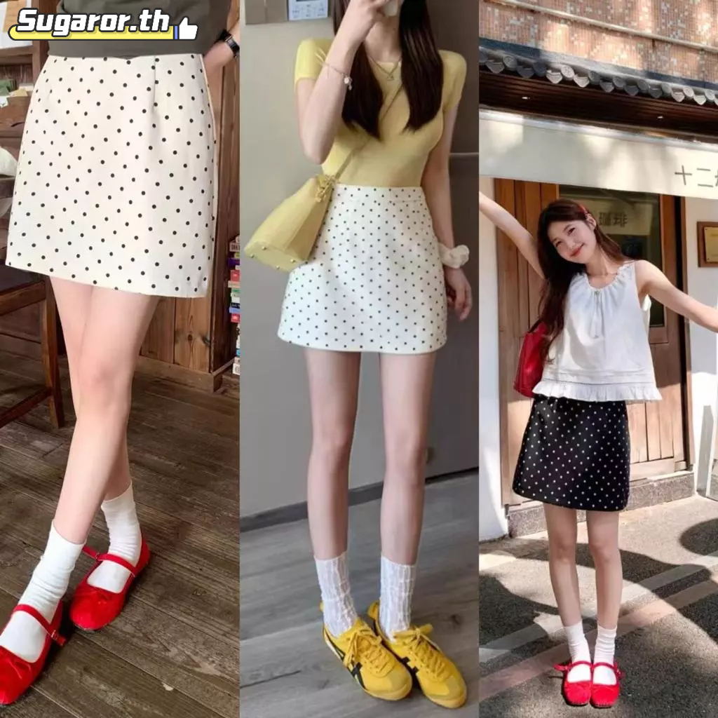 ชุดผู้หญิง กระโปรงลายจุดฤดูใบไม้ผลิ กระโปรงเอวสูงสำหรับผู้หญิง กระโปรงทรง Sugaror.th