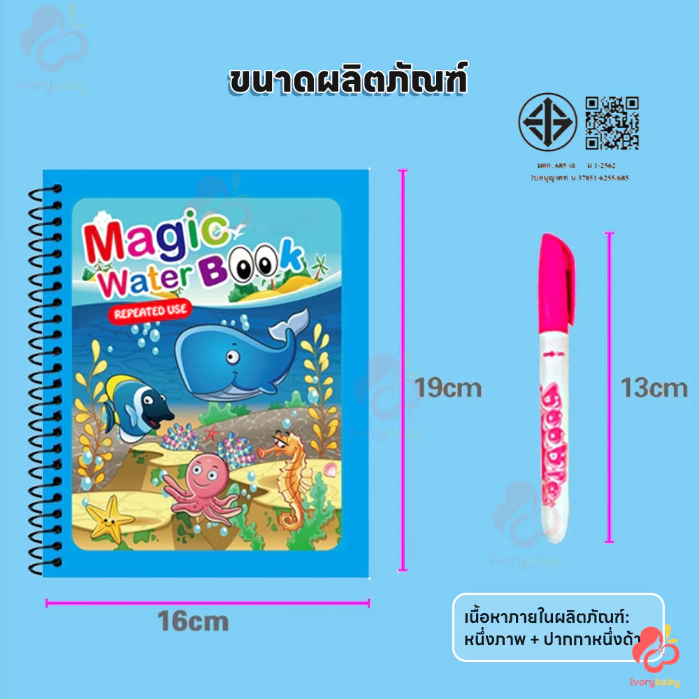 IVORYBABY สมุดระบายสี หนังสือเด็ก ด้วยน้ำเปล่า Water book ระบายซ้ำได้ สมุดของเล่น 10ธีม ส่งเสริมการจดจำสี thumbnail 7