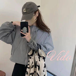 M-XL แจ็คเก็ตสั้นผู้หญิง สีทึบ ดีไซน์หรู เนื้อบางเบา ดรอว์สตริง ปรับเอวได้ ใส่ได้ทุกวัน กันลม ราคาถูก VIDO
