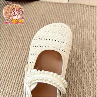 Anna shop มาใหม่ รองเท้าคัทชู ดีไซน์สวย แบบสวม เสริมส้นต่ำ ตกแต่งไข่มุก สินค้าพร้อมส่งจากประเทศไทย T369