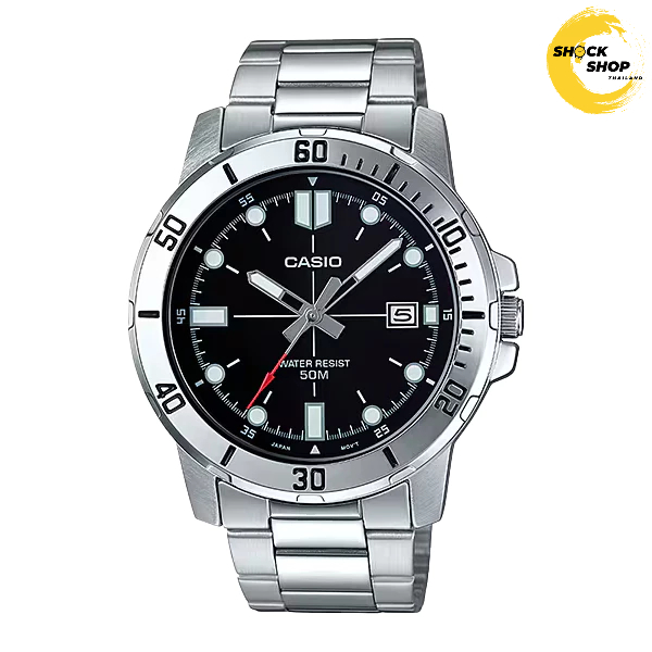 CASIO นาฬิกาผู้ชาย รุ่น MTP-VD01D-1E สเตนเลสสตีล หน้าปัดสีดำ คาสิโอ