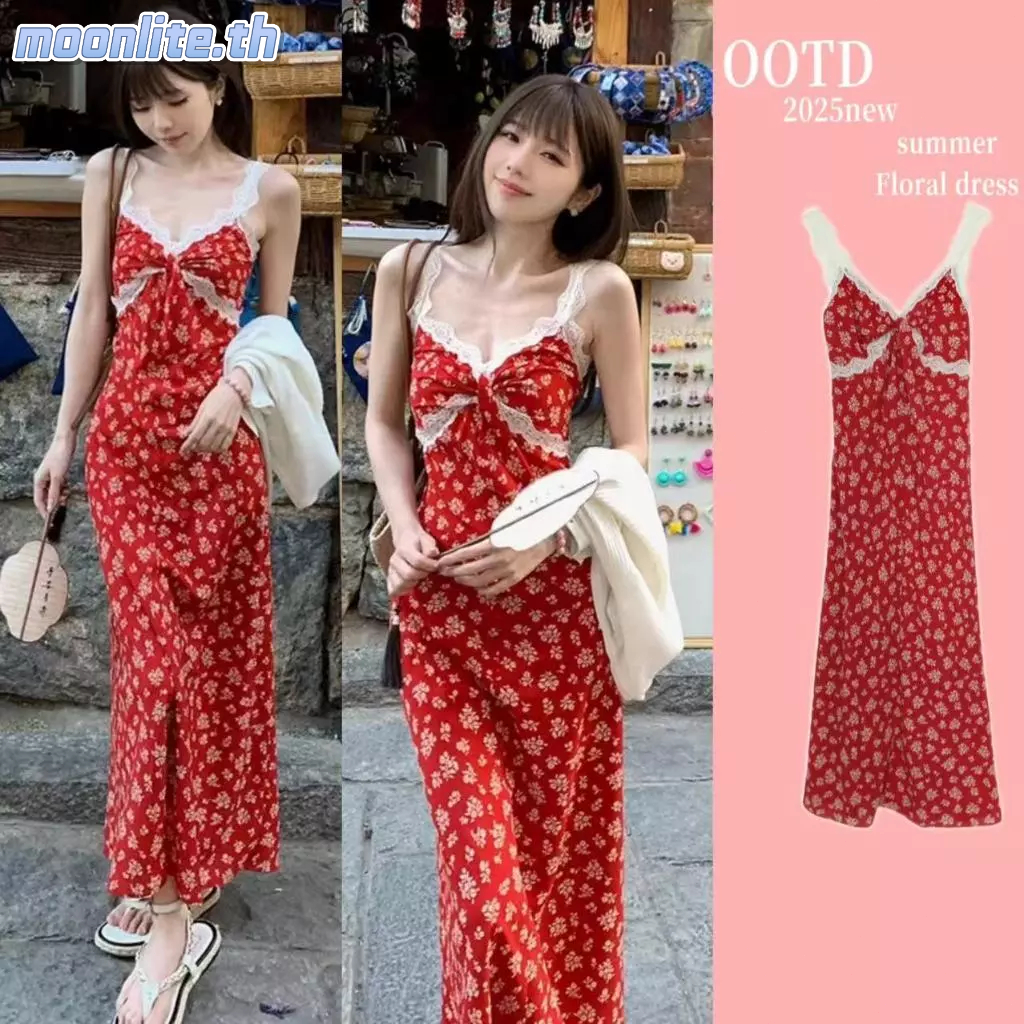 ลูกไม้ประกบคอวีสีแดงหักดอกไม้แขวนคอแต่งตัวผู้หญิง 2025 ฤดูร้อนกลับกระโปรงยาว Moonlite.th