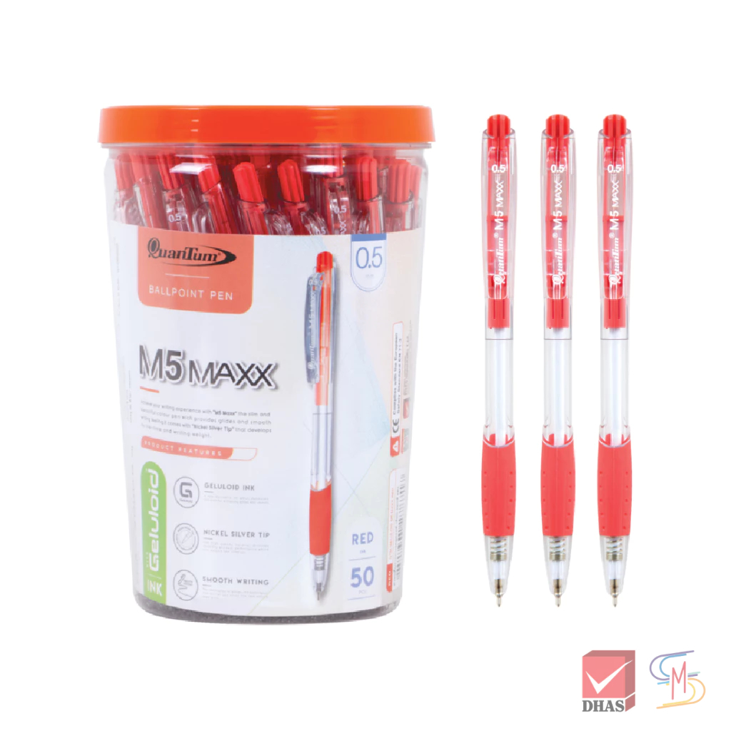 Quantum ปากกา ปากกาลูกลื่น เจลลูลอยด์ M5 Maxx 0.5 หมึกแดง กระบอก จำนวน 50 ด้าม