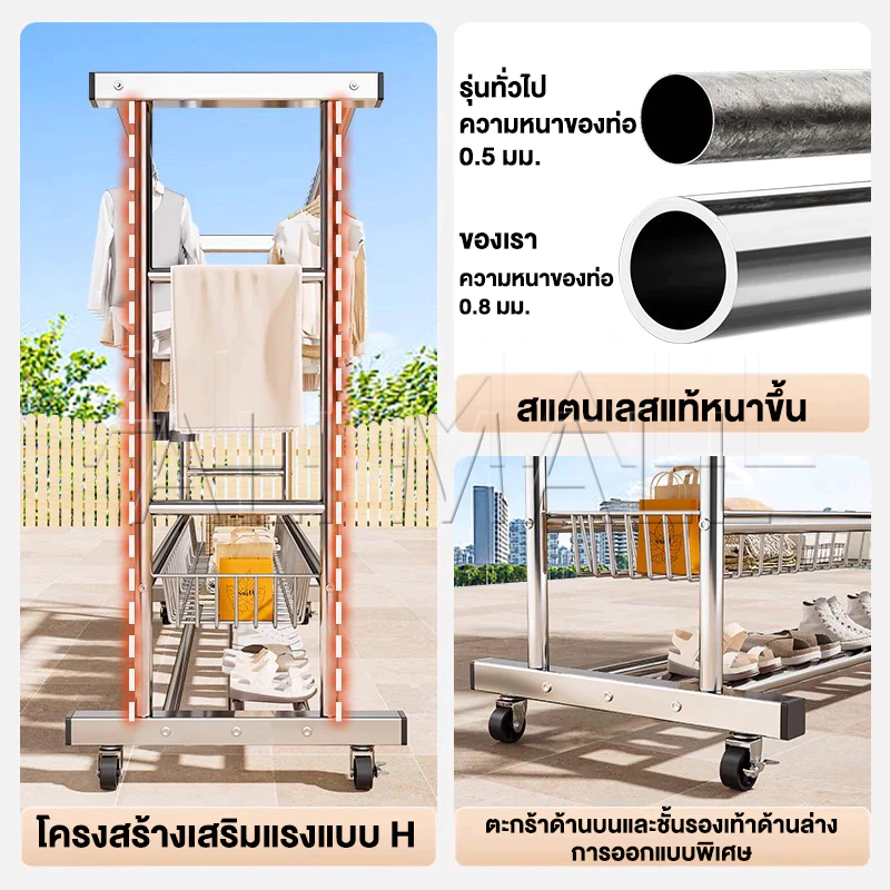 💥ใหม่💥[มีตะกร้า]  ราวตากผ้าสแตนเลส 304 ราวตากผ้าเคลือบสังกะสี ราวแขวนเสื้อผ้า 180*50*150 มีล้อเลื่อนรองรับน้ำหนัก200กก thumbnail 4