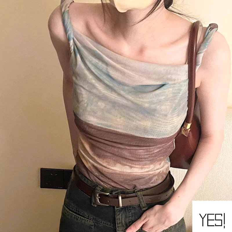 ย้อมน้ำมันวาดตาข่ายเสื้อกั๊กผิดปกติสั้น Camisole ผู้หญิงฤดูร้อนปิดไหล่หวานร้อนด้านบนYES