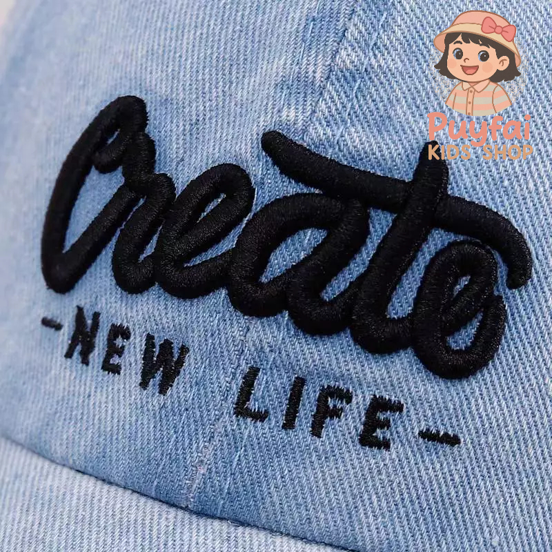 (ส่งด่วน) หมวกเด็ก 2-8 ปี รอบหัว:52-54 cm. หมวกแก๊ปผ้ายีนส์ ฟอกเฟด ปักอักษร Create NEW LIFE หมวกลายอักษร มี 4 สีให้เลือก - รูปที่ 5