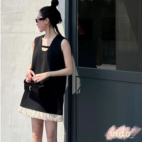 สไตล์ฝรั่งเศส Hollow-OUT ชุดเดรสแขนกุดผู้หญิง High-end ชุดเดรสสั้นหลวม A-Line Dress VIDO