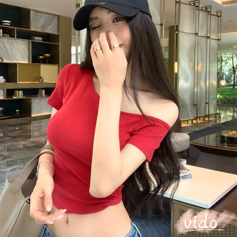 เสื้อยืดแขนสั้นปิดไหล่ผู้หญิงเข้ารูปเข้ารูปอเนกประสงค์อินเสื้อยืดสั้นอินเทรนด์ VIDO