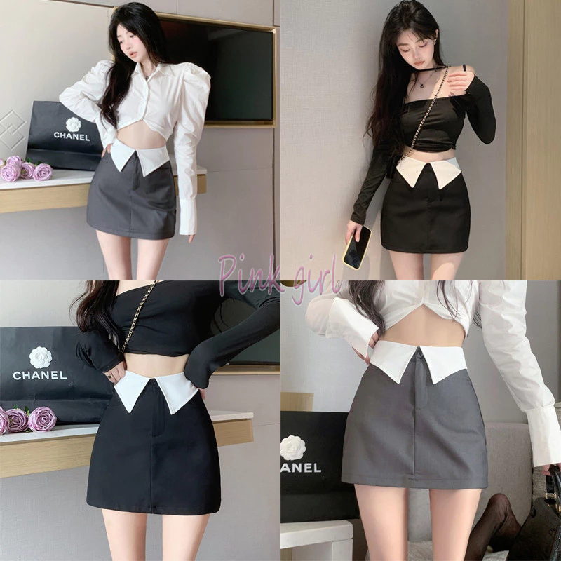 💋Pink girl💋​พร้อมส่ง กระโปรงทรงเอเอวสูง เอวพับ มีซับในบางๆ รัดรูป "N2003" -NZ