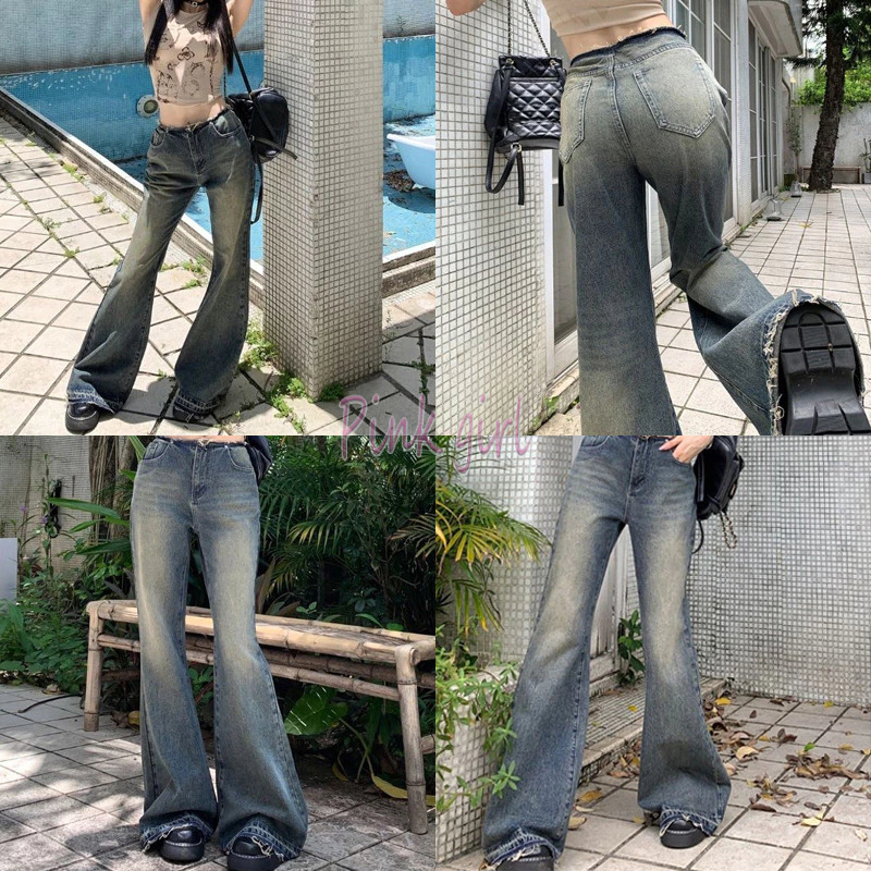 💋Pink girl💋​พร้อมส่ง กางเกงยีนส์ เอวต่ำ ปลายขาม้าเล็ก แนวสตรีท "1901" -NZ