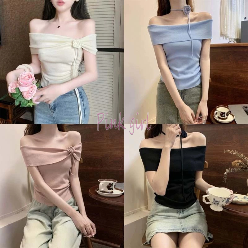 💋Pink girl💋​พร้อมส่ง  เปิดไหมพรมเปิดไหล่ แขนสั้น ผ้านิ่มใส่สบายน่ารักมาก 