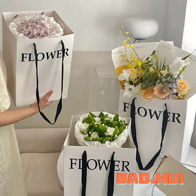 🍒🍒BH ถุงกระดาษ Flower ฐานกว้าง ขนาดใหญ่ ใส่ดอกไม้ ใส่ตุ๊กตา ของขวัญ หูหิ้วเชือก อย่างดี พร้อมส่ง