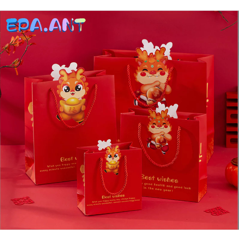 🐲EPA🐲ถุงใส่ของฝาก ใส่ของขวัญ สีแดง ลายมังกรนำโชค ปีมะโรง ปี2567