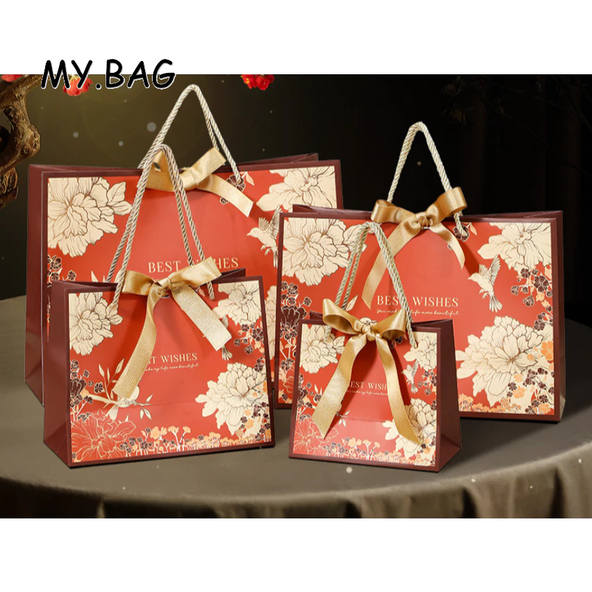 🌹🌹BAG🌹🌹 ถุง ถุงกระดาษ หูหิ้วเชือก พิมพ์ลาย best wishes พร้อมโบว์ผูก ลายดอกไม้